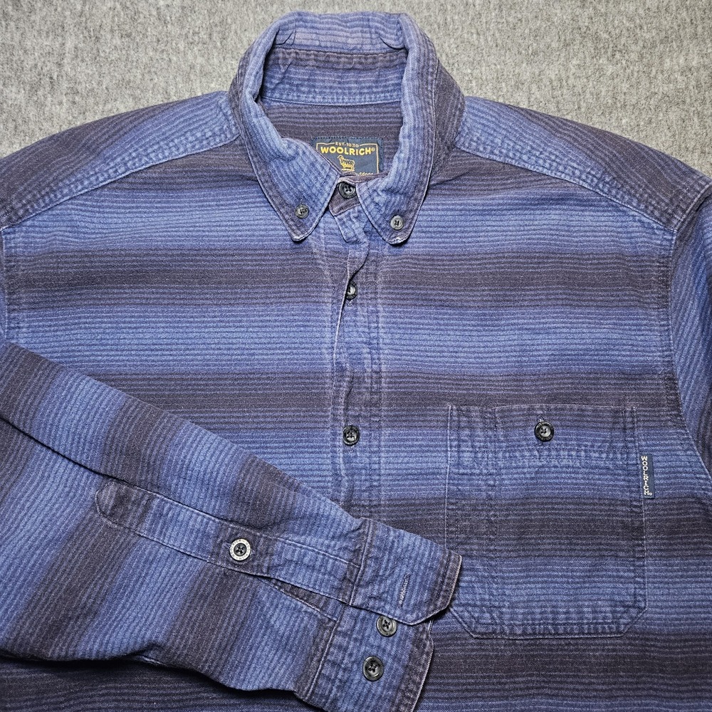 Vintage Woolrich Blue & Black Striped Flannel Shirt Mens L Wool